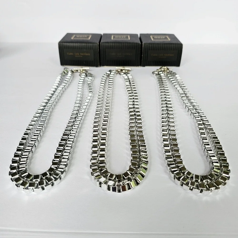 NIB Set of 3 90's Cubic Link Necklace Silvertone Toggle Box Chain Industrial Y2K